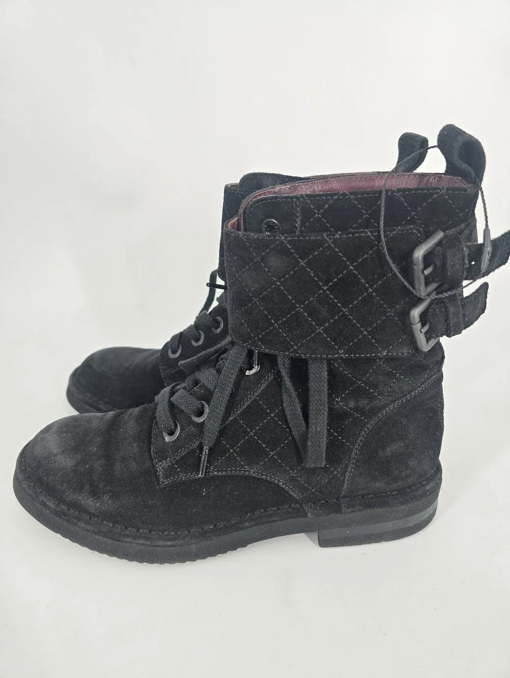Chanel Black Suede Quilted Buckle Moto Boots Size 37